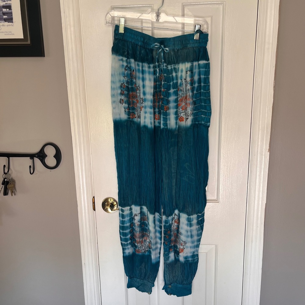 Boho Tie Dye Floral Harem Pants Teal White Viscose Joggers Free Size NWT
